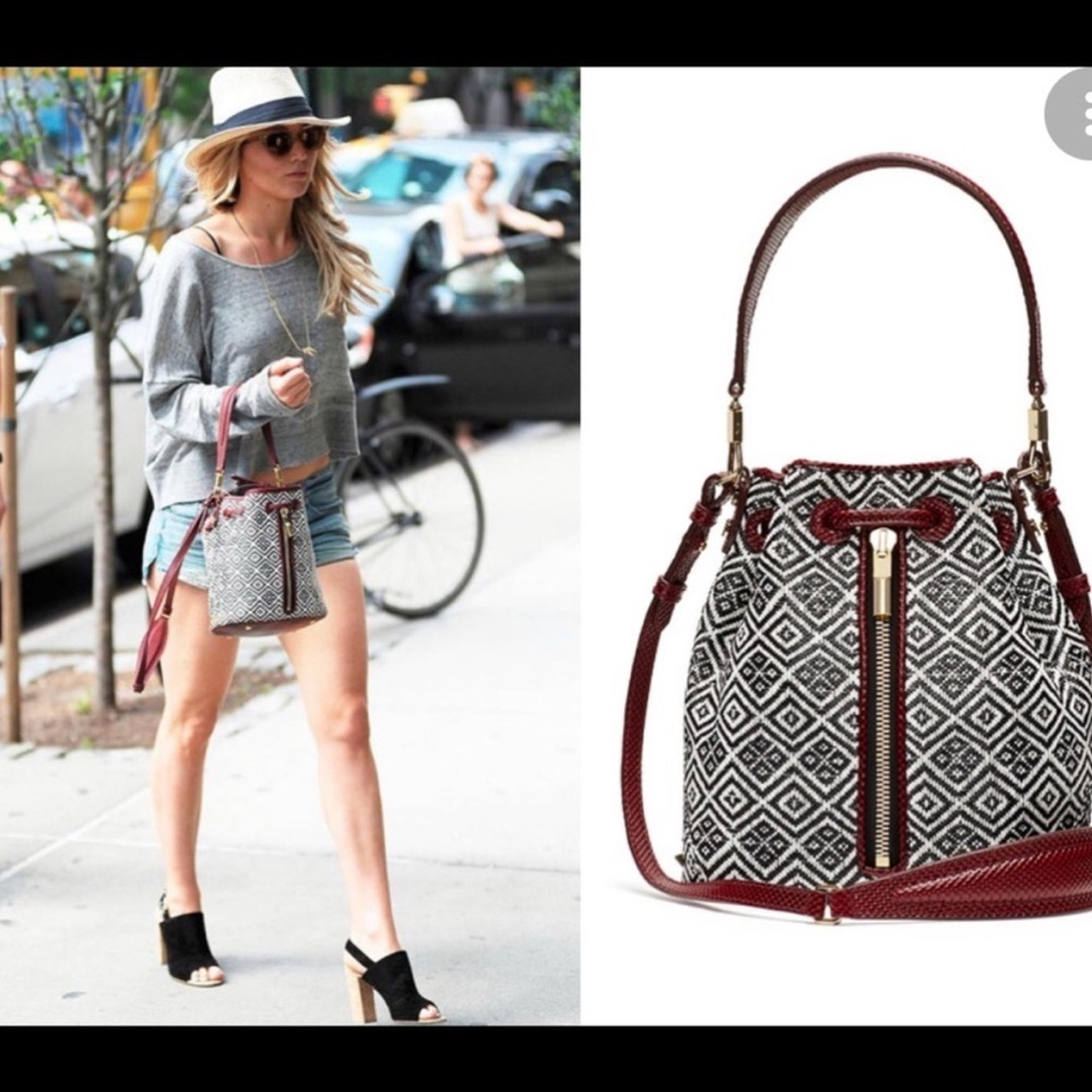 Elizabeth and James Geometric Bucket Bag – Black/White with Burgundy Strap